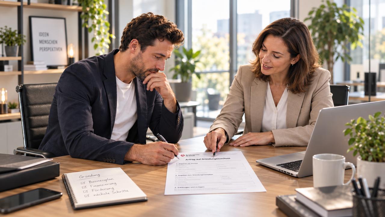Ein Mann und eine Frau besprechen die Unterlagen zum Gründungszuschuss